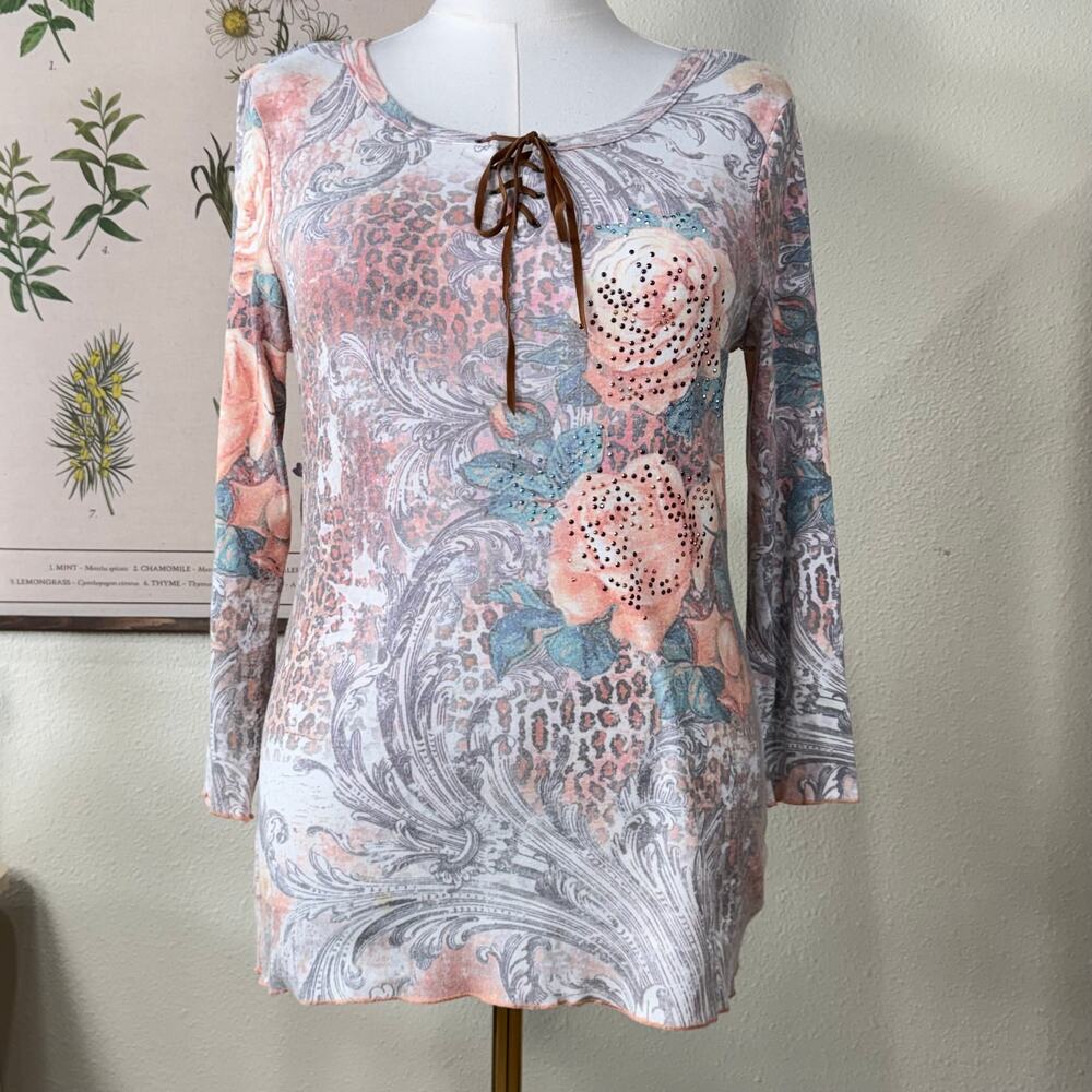 90s Y2k Floral Leopard Rhinestone Lace Up Top Boho Fairy Grunge McBling Gyaru L